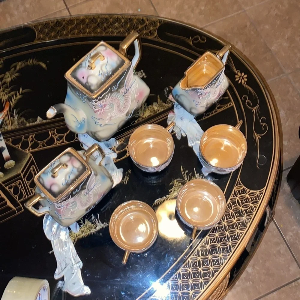 Vintage 21pc Moriyama Dragonwear hand painted Tea Set Japan Blue Bead Eyes